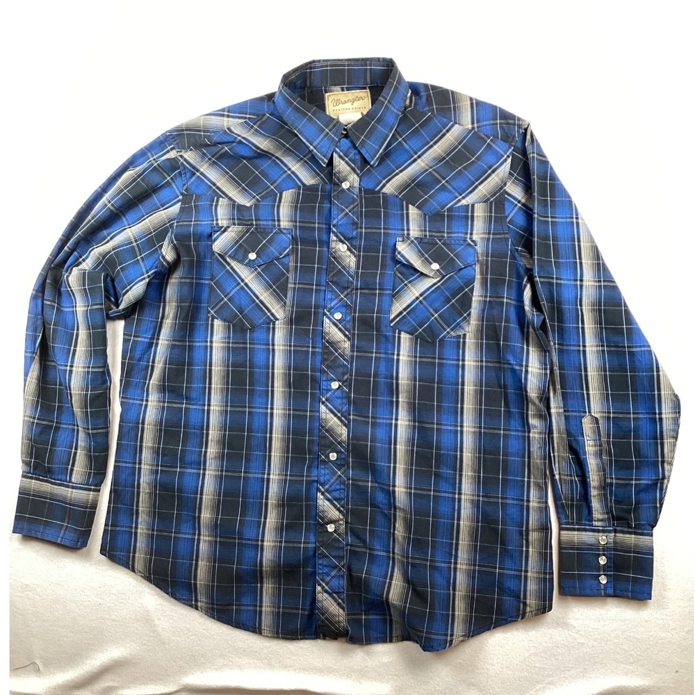 Wrangler Western Shirt XL Blue Black Plaid Pearl Snap Long Sleeve Yoke Pockets